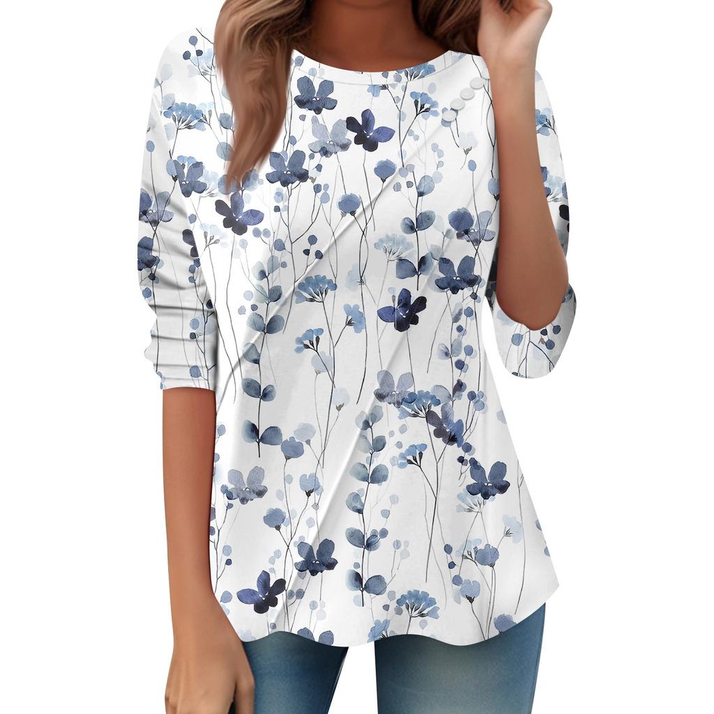 Women's Loose Casual Long Sleeve Top Round Neck Button Pull Stripe Prints T Shirt