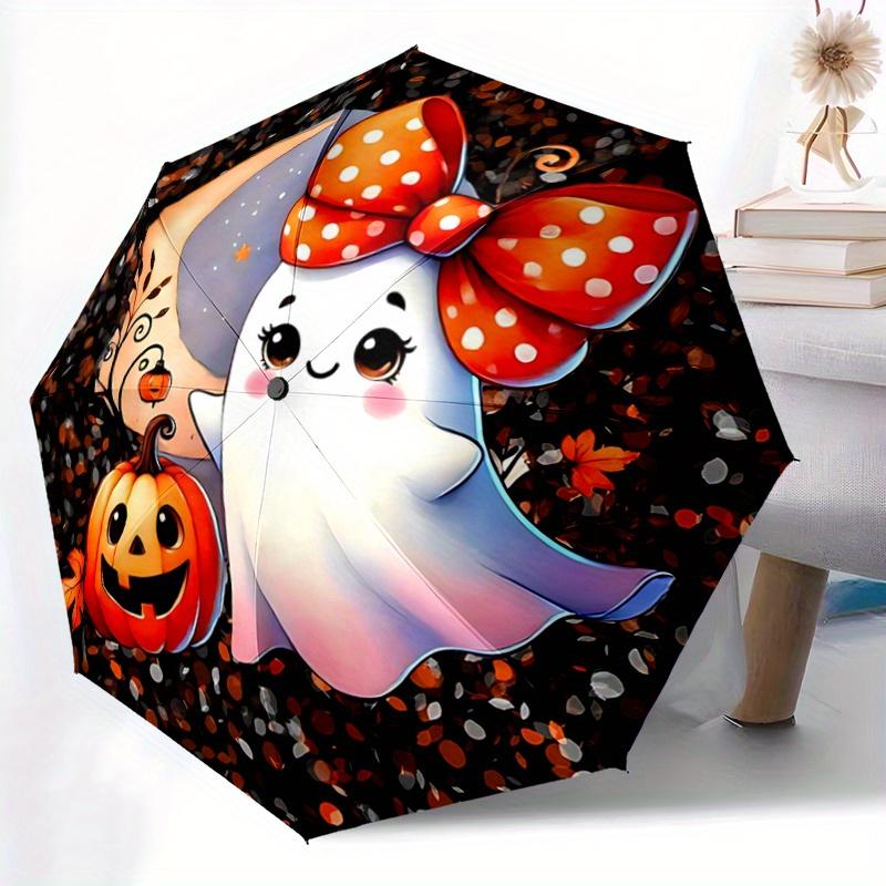 1pc Adorable Ghost and Happy Pumpkin Automatic Open/CloseUmbrella-CuteUmbrella with Cute Design, Portable 3-Fold Compact Umbrella for Men & Women