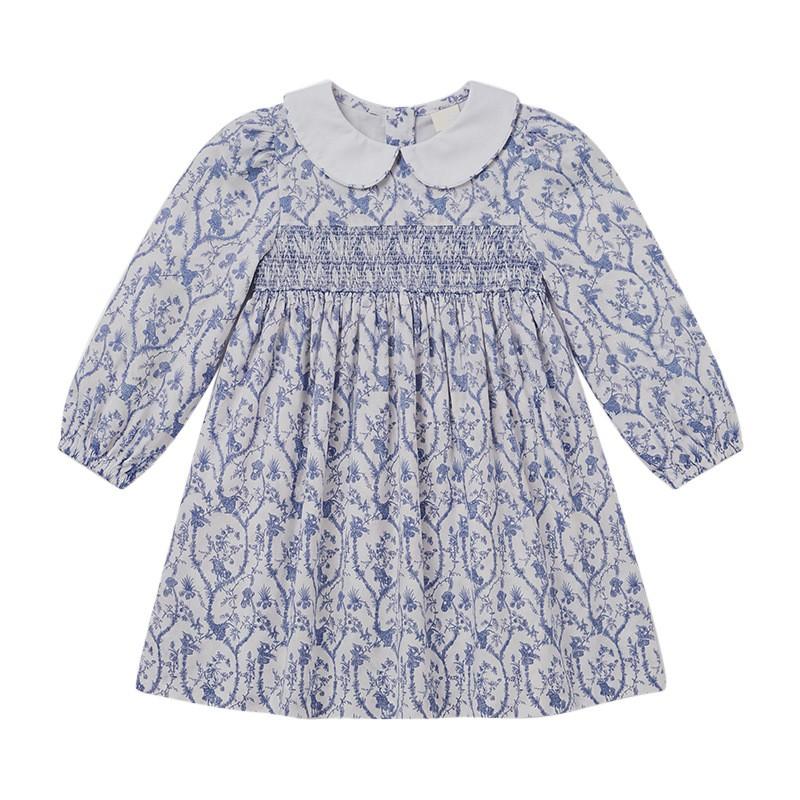Girls Vintage Floral Smocked Dress Long Sleeve Ruffle Collar Princess Kids 2026