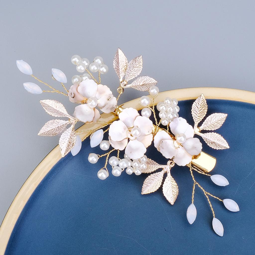 Handmade Tulle Flower Hair Clip With Rhinestones And Pearls For Chinese Wedding Bride Updo Photography Prop Elegant Side Clamp