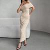 Платье с вырезом-лодочкой, трикотажное платье сплошного цвета, женское вечернее платье с коротким рукавом, вечернее женское платье длиной до щиколотки, трикотажное