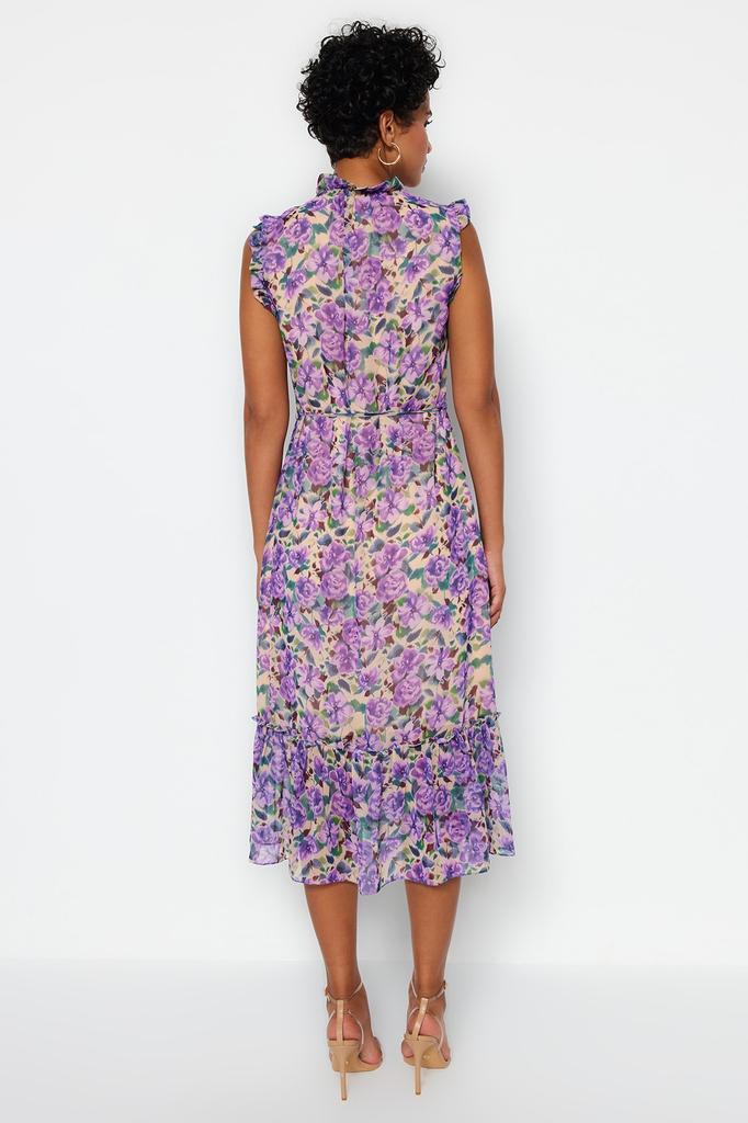 Женское модное новое платье Желтое шифоновое тканое платье трапециевидной формы с цветочным узором на подкладке миди