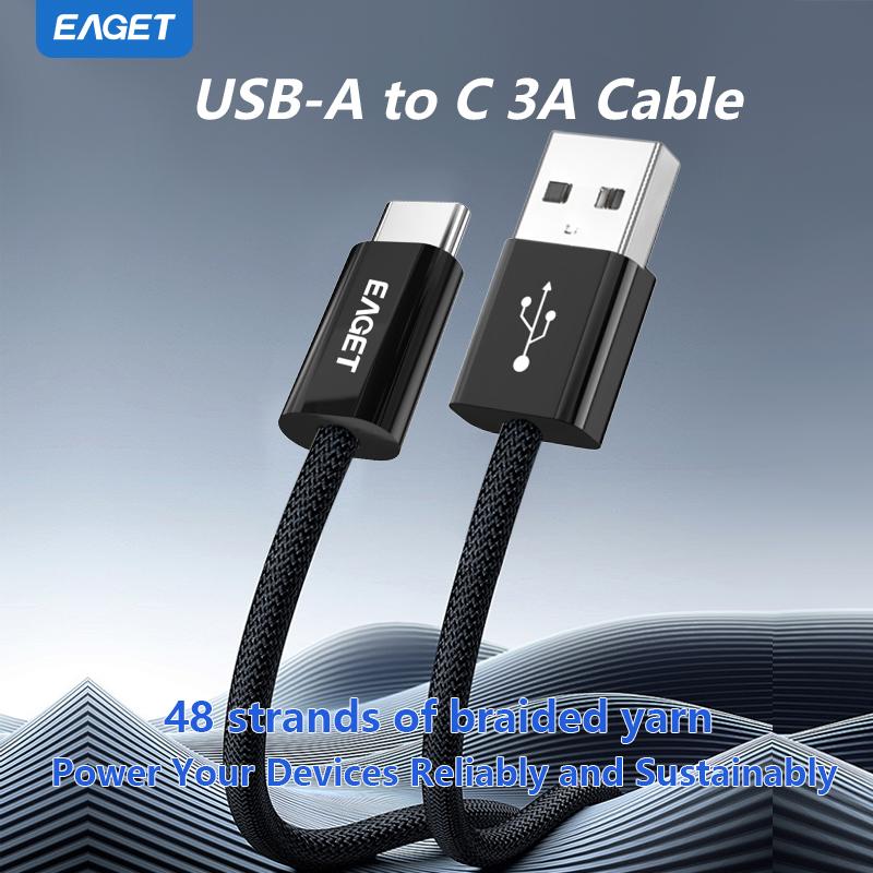 EAGET Кабель для быстрой зарядки 3A USB-A - USB-C, 66 Вт, 1 м/2 м, 48-жильный плетеный провод, скорость передачи данных 480 Мбит/с, совместим с устройствами Android