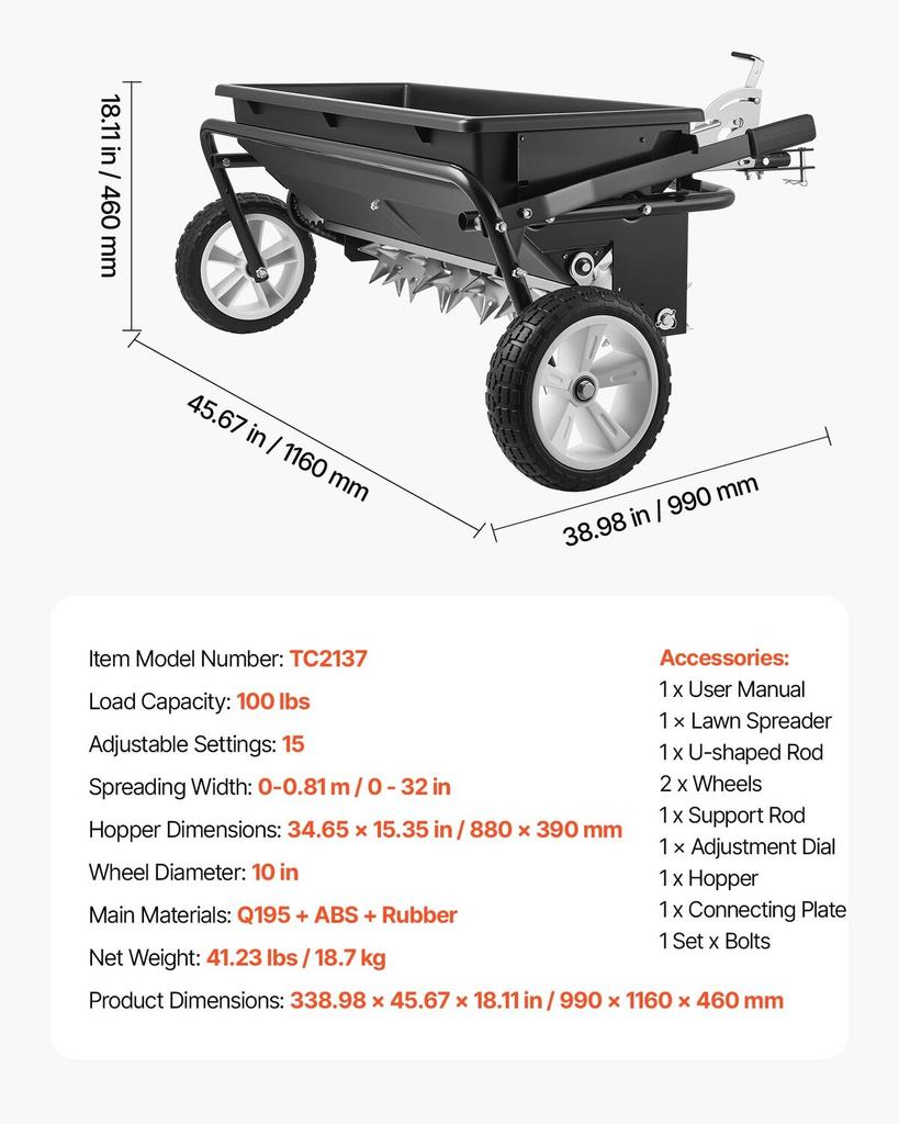 Tow Behind Lawn Spreader with Aeration Spikes, 0.81m Spreading Width, Broadcast Spreader with Universal Hitch, Garden Seeder & Soil Aerator with