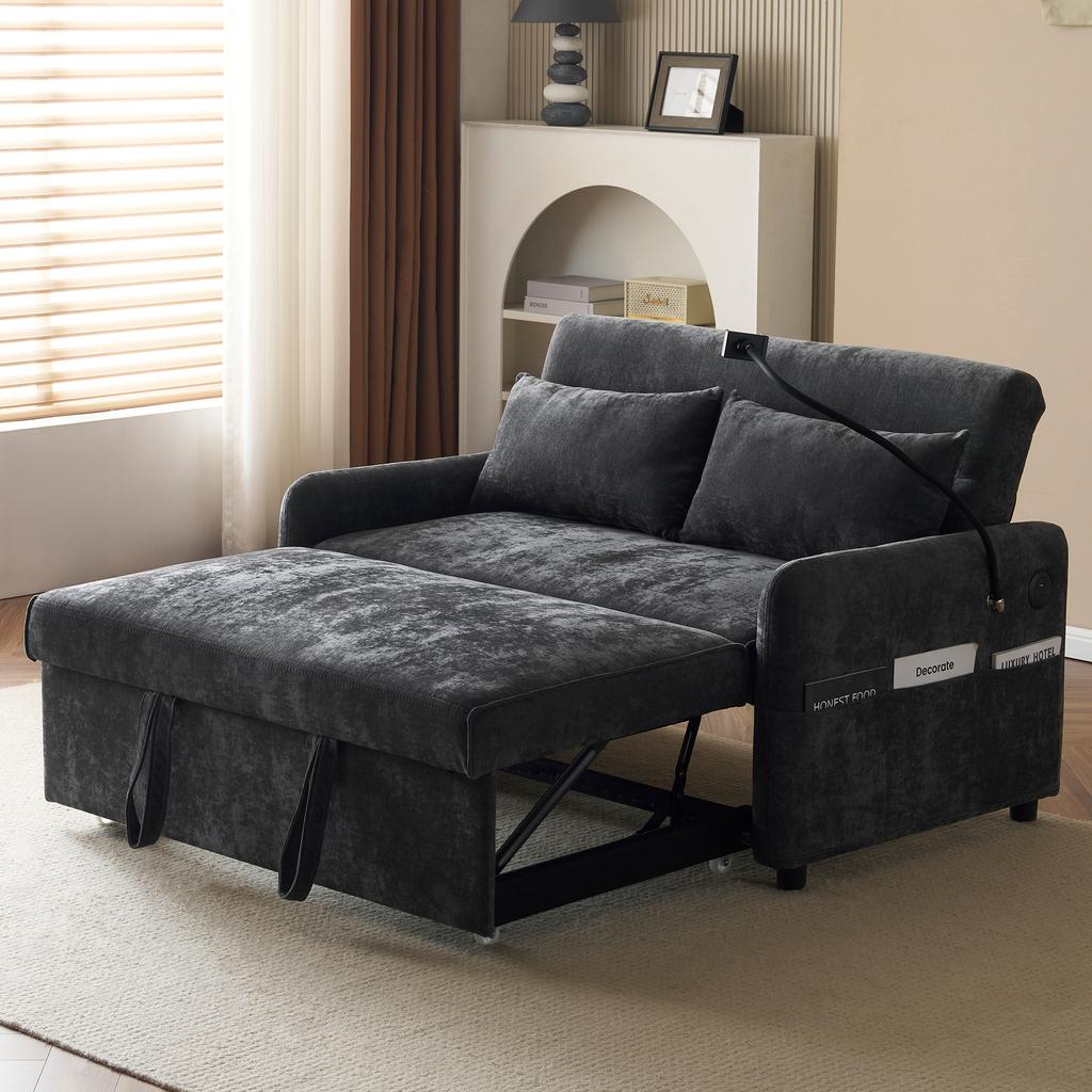Modern Double Folding Sofa Bed, Adjustable Backrest, Phone Holder, USB Charging Port, Suitable for Living Room, Bedroom, Home Theater Apartment