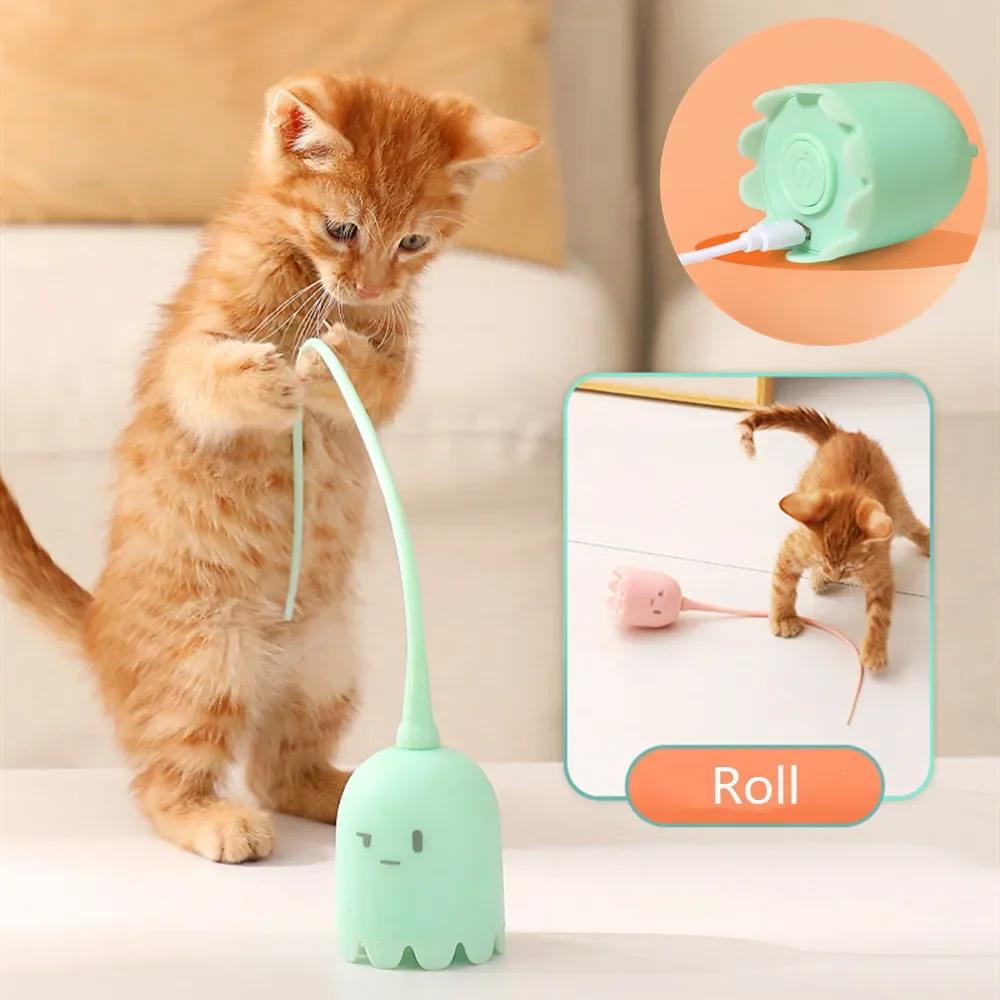 Интерактивные игрушки для кошек USB, электрические интеллектуальные катящиеся шарики, игрушки для кошек, силиконовые для домашних животных, автоматический вращающийся хвост мыши, дразнящая палочка для котенка