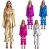 Womens 70s 80s Disco Jumpsuit Long Sleeve Flared Legs Sparkle Retro Costume One Piece for Prom Party Cosplay Club