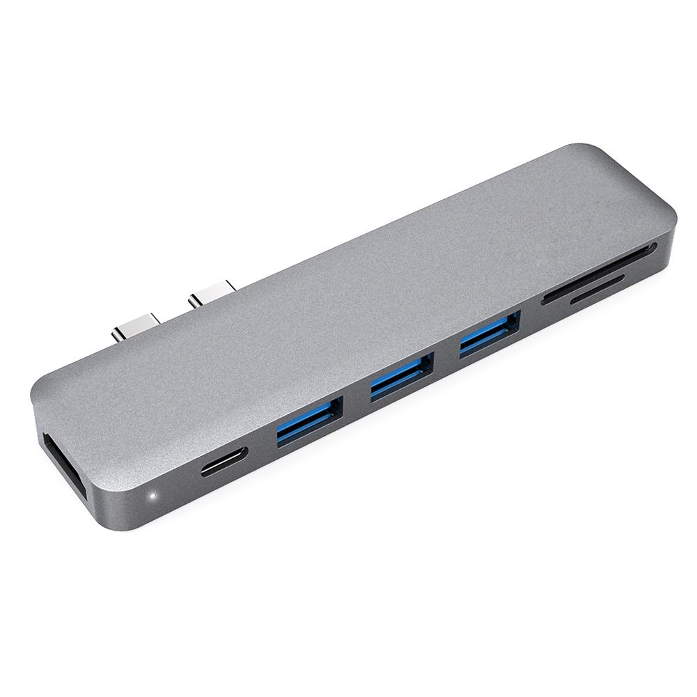 dodocool Aluminum Alloy 7 in 1 Multiport Hub with Dual USB C Connectors 4K Video HD Output Port SD TF Card Reader USB