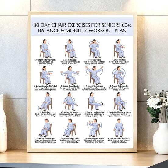 2Pcs Chair Exercise for Seniors 30-Day Plan Poster Seated Tai Chi Workout Chart for Elderly Low Impact Mobility Fitness