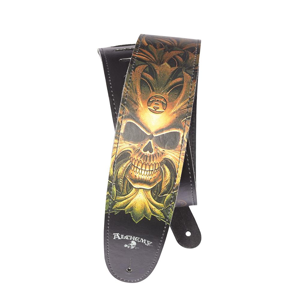 Гитарный ремень Alchemy Gothic Leather Strap 25LAL04 Green Skull D'Addario
