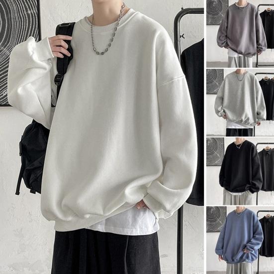 Sweatshirt Loose Solid Color Round Neck Long Sleeve Thick Warm Soft Unisex Casual Simple Style