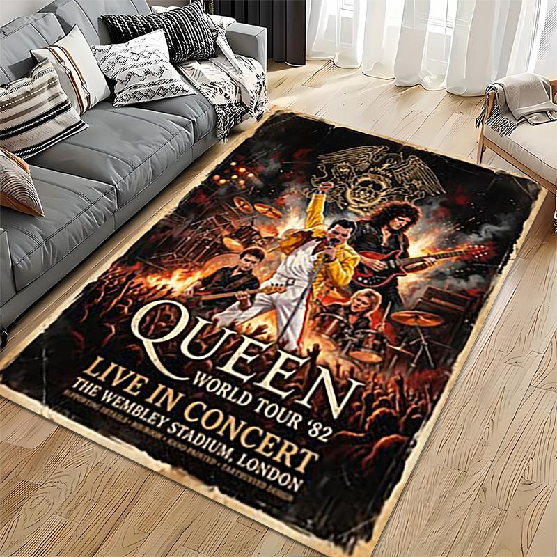 Pop Culture Area Rug, Queen Band World Tour 82 Wembley Live Concert Poster, Man Cave Decor, Non-Slip Mat