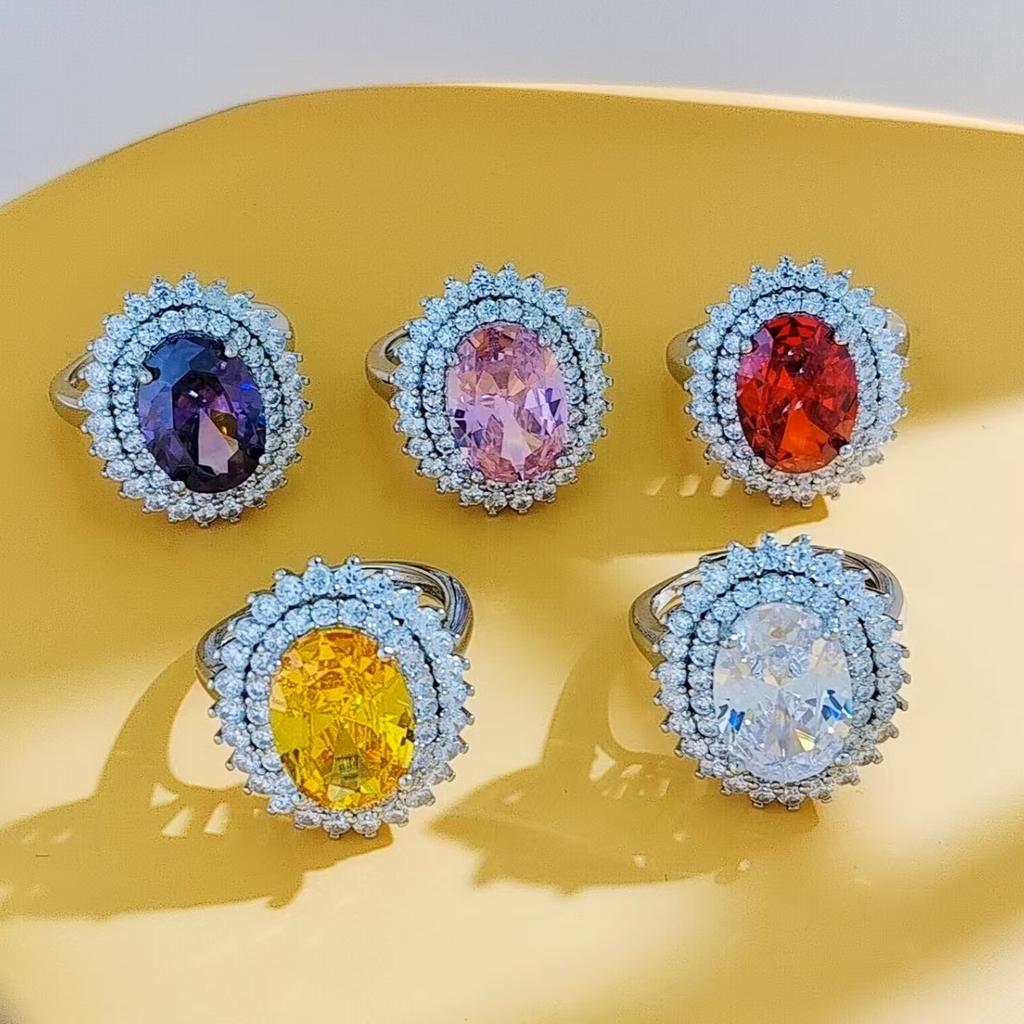 Luxury Coconut Egg Zircon Ring Female Simulation Amethyst Citrine Pink Diamond Adjustable Ring
