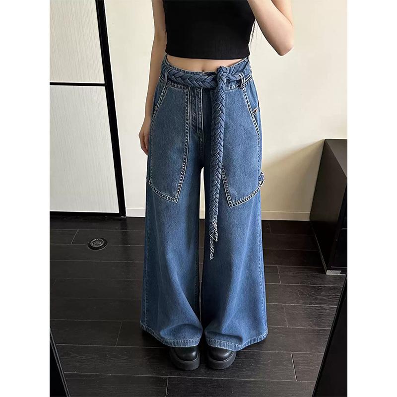 American retro high-waisted wide-leg jeans women's autumn loose and thin drape trousers design sense niche