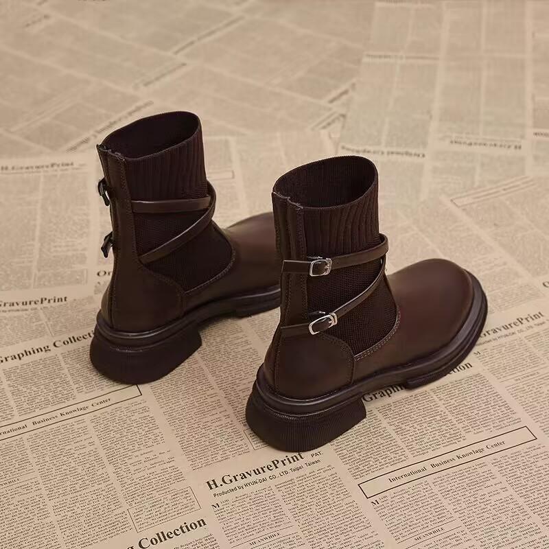 Модные осенние женские сапоги с круглым носком, туфли на низком каблуке для женщин, без застежек, на платформе, современные сапоги для офиса, женские сапоги-носки до середины голени