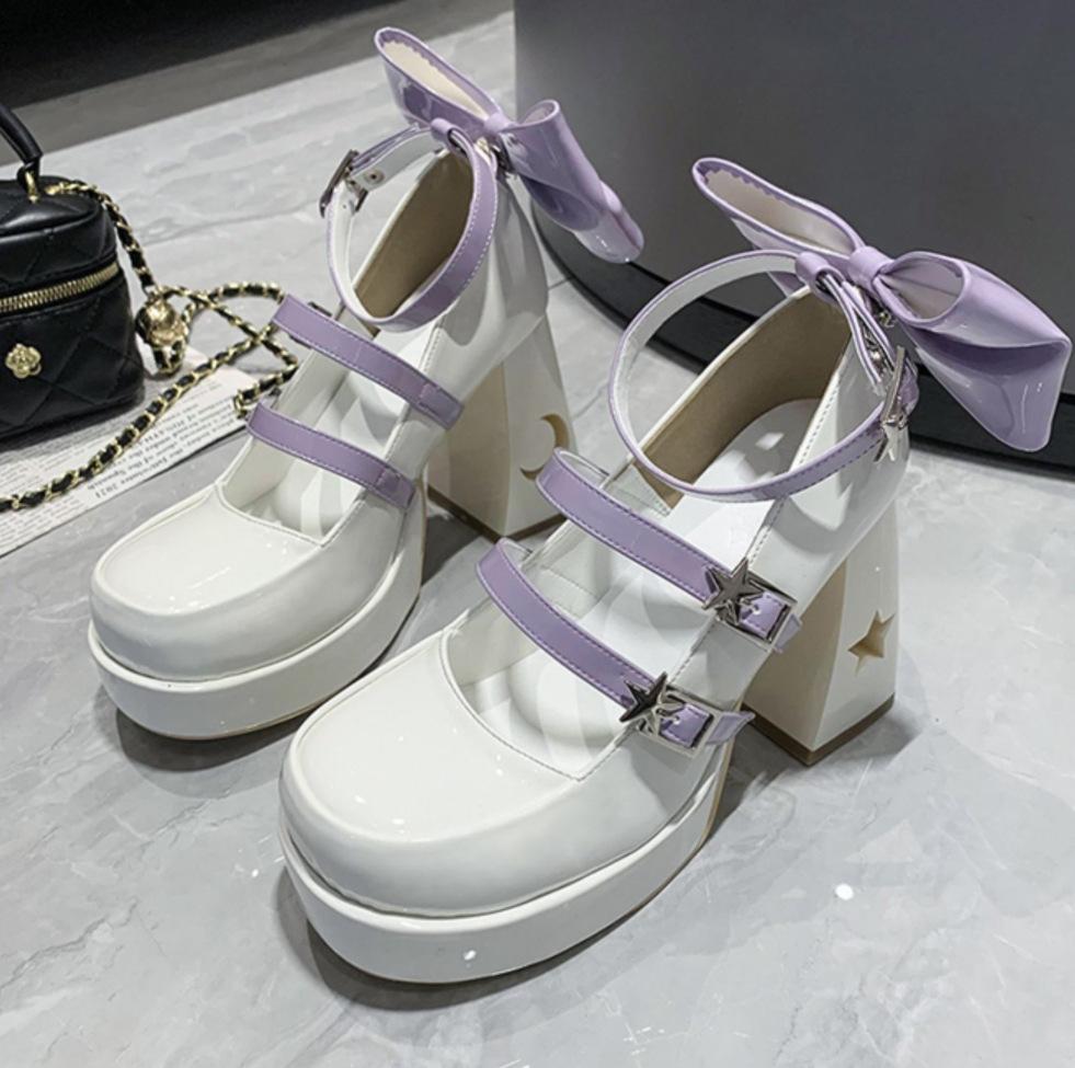 2024 Туфли Лолита Туфли на платформе Мэри Джейн Ремешок со звездой Женские туфли на шнуровке из искусственной кожи для девочек Клепки Повседневная обувь Каваи