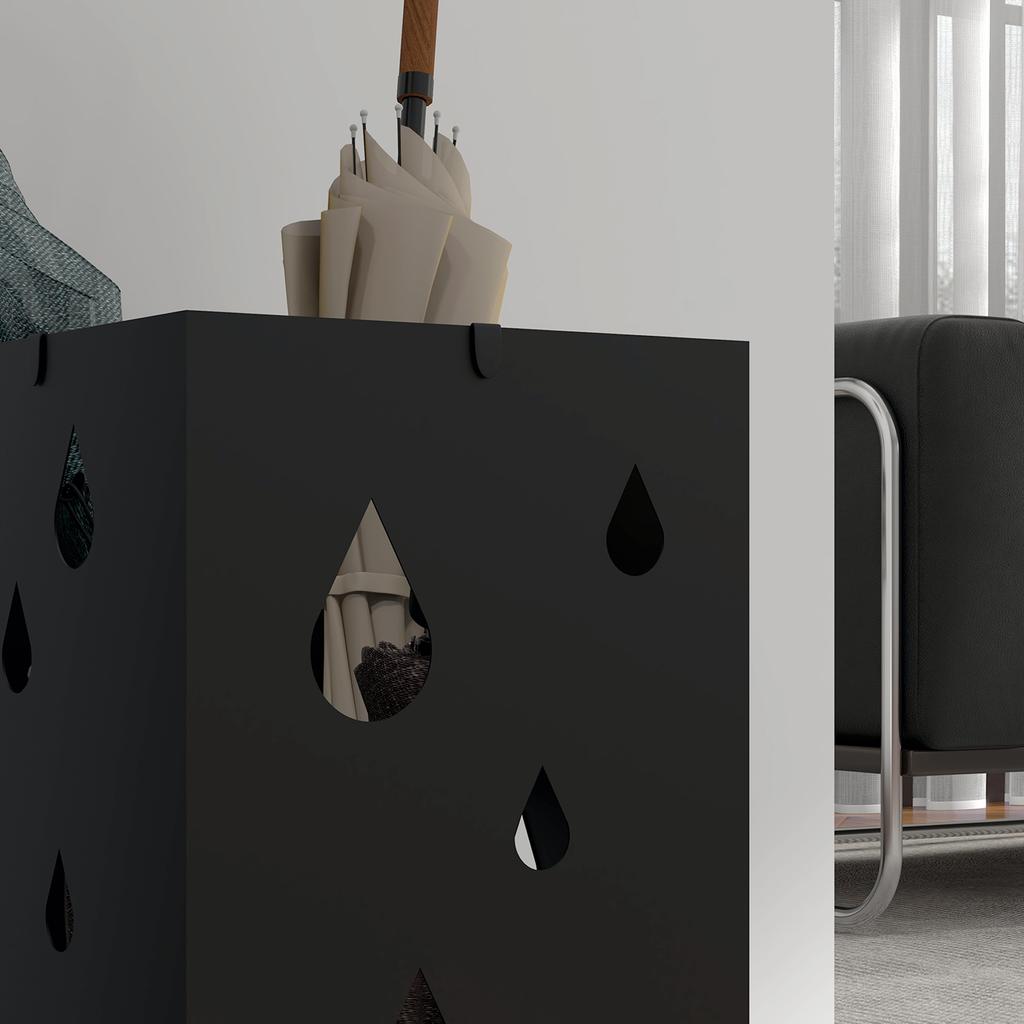 Steel Umbrella Stand with 4 Hooks and Drip Tray, Black