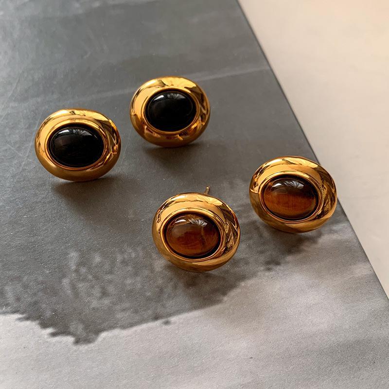 Vintage Tiger Eye Stone Earrings: Gold Electroplated, Sterling Silver Needle, Unique Light Luxury Design