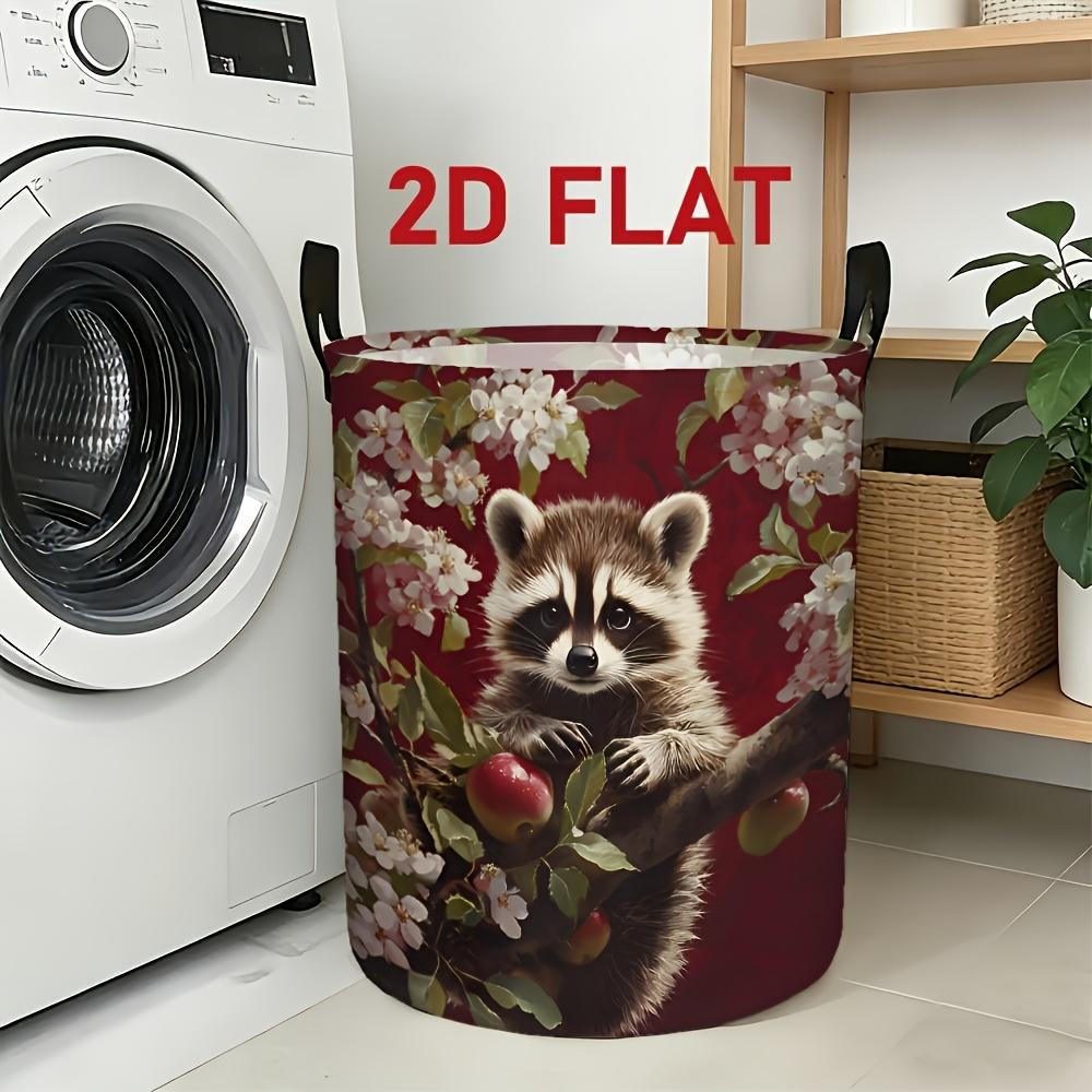 1pc, 2D Printed Laundry Basket with Flower Branches, Holding Red Apples and Clever Raccoon Patterns, Reusable Sorting Basket Suitable for Clothing Sto