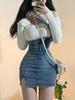 Синий винтажный вязаный комплект из двух предметов, женский сексуальный джинсовый вечерний комплект с мини-юбкой, женский комплект, осень 2023 г.