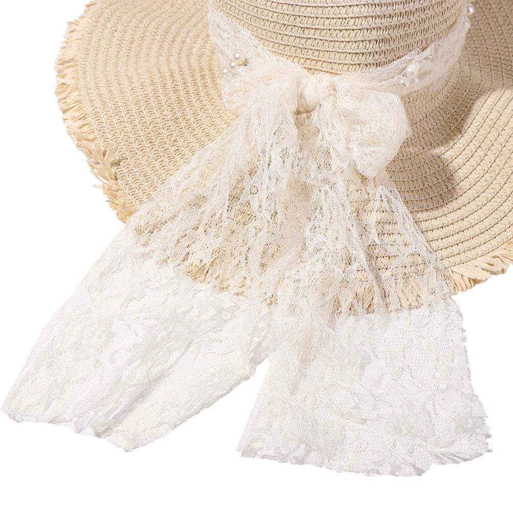 French Style Bow Ribbon Straw Hat Big Brim Women's Sun Hat Elegant Lace Pearls Straw Hat Travel