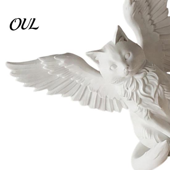 Healing Home Decor Angel Cat Desk Ornament, Matte White 3D Printing Figurine, Minimalist Unique Lover Gifts Winged Sculpture for Office Shelf