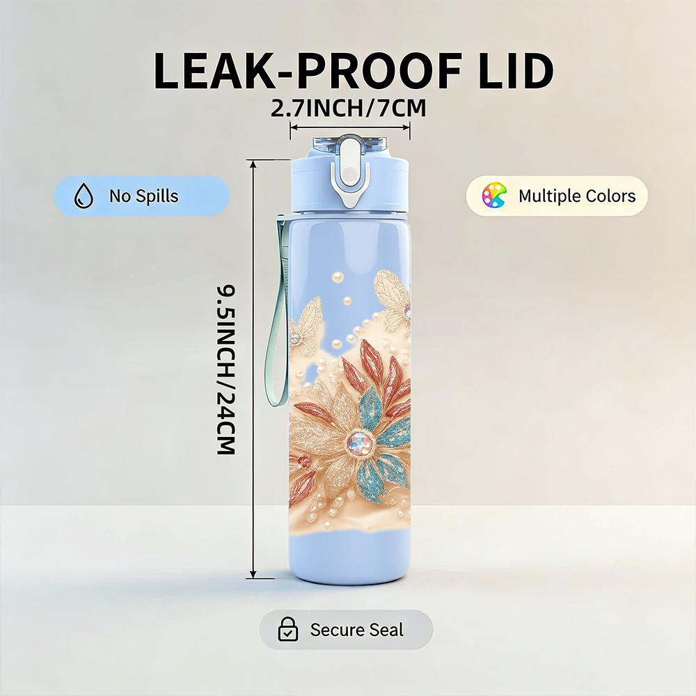 1PC Soft Dried Floral Bouquet 750ml Color Plastic Sports Water Bottle Leakproof Flip Straw Lid For Sports Office Home Use