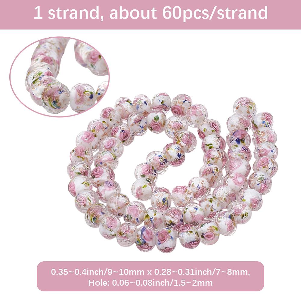 1 Starnd Handmade Gold Sand Lampwork Beads Strands Inner Flower Faceted Rondelle White 9~10x7~8mm Hole: 1.5~2mm about 60pcs/strand 17.3 inch