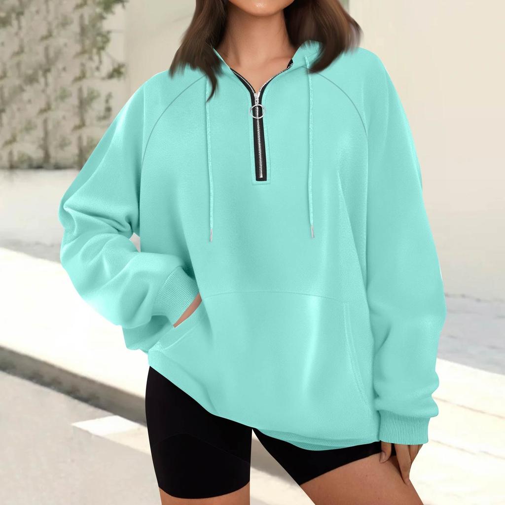 Women's Casual Fashion Long Sleeve Solid Color Zip Hooded Sweatshirt Top With Pocket