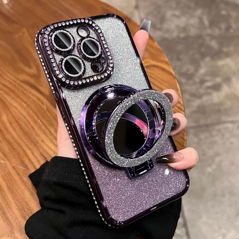 Diamond Glitter For Magsafe Bracket Phone Cases For iPhone 17 16 15 14 13 12 11 Pro Max Air Mirror Magnetic Holder Stand Cover
