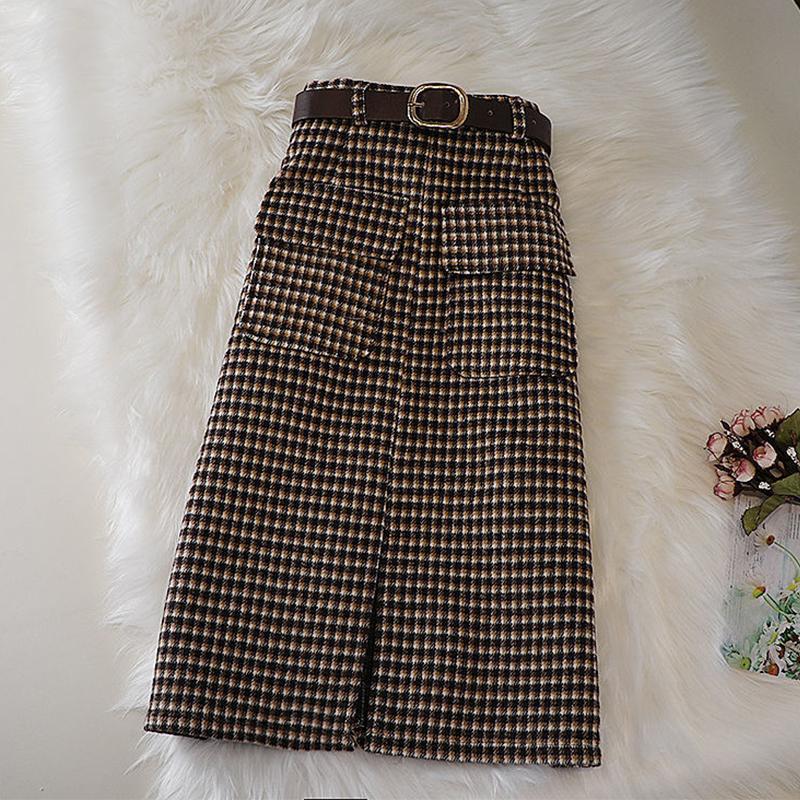 Шерстяная клетчатая юбка, женские юбки средней длины с высокой талией и карманами, разрезом, женские корейские модные одношаговые шикарные юбки Faldas