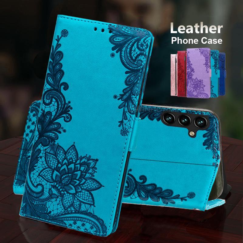 Emboss Lace Flower Leather Flip Case For Samsung Galaxy A05 A05S A04S A04E A14 A24 A34 A54 A23 A33 A53 S20 S21 S22 S23 Ultra Plus Wallet Book Cover