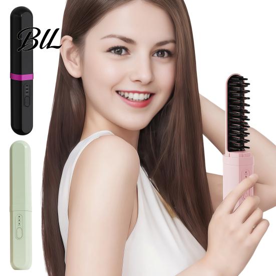 Frizz Control Hair Brush 2-in-1 Portable Straightener Brush, Curling Straightening Comb with 3 Temperature Settings, USB Rechargeable Electric
