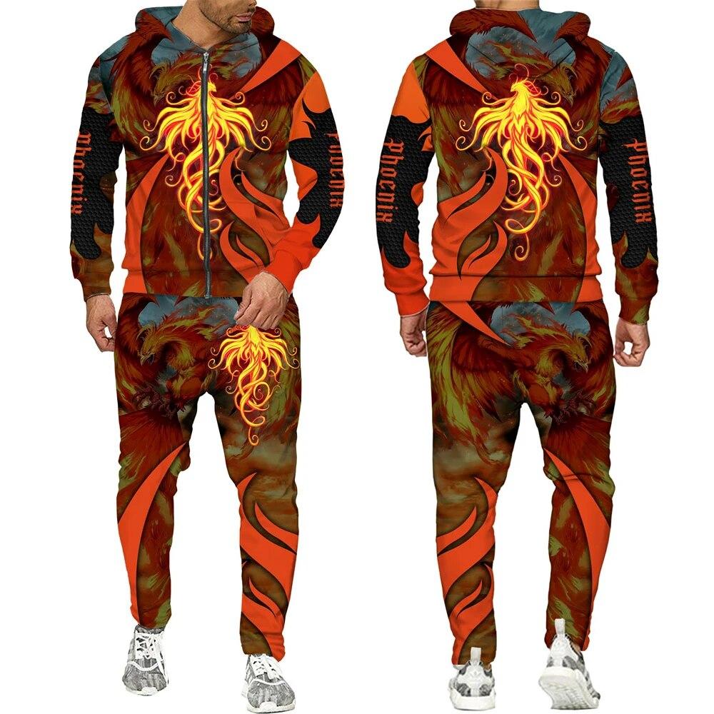 Толстовка с принтом Феникса и 3D принтом, мужские спортивные костюмы, толстовки с длинными рукавами, спортивные штаны, мужские комплекты уличной одежды
