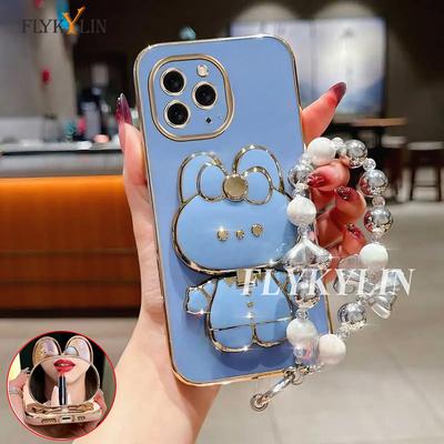 Для Huawei Nova 14 13 11 10 Pura 80 70 60 50 Pro Mate 70 60 50 Чехол-зеркало с кроликом, мягкий чехол с браслетом из жемчужного узла