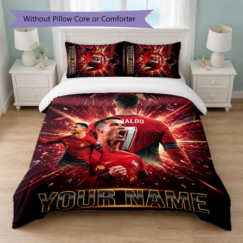 Cristiano Ronaldo Custom Name Text Bedding Set 1 Duvet Cover+2 Pillowcases Soccer Logo Personalized Gift For Special Occasion Bedroom Decor