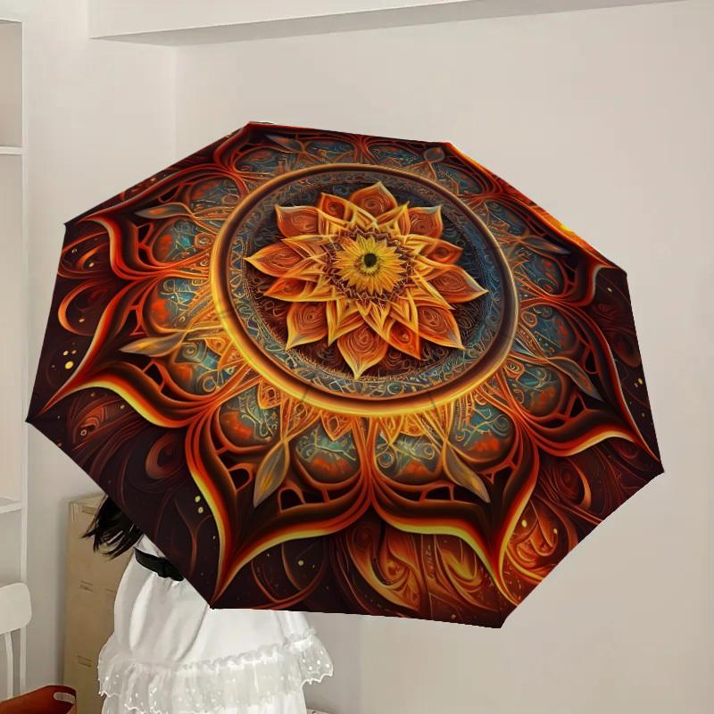 1pc Mandala with fiery lotus design. Umbrella with Plastic Handle,Suitable for All Seasons Home Travel Outdoor UmbrellaDD1156