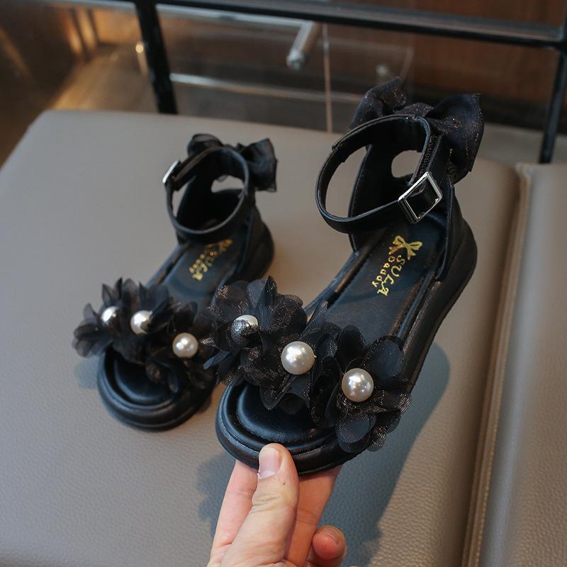 Сандалии для девочек в платье принцессы, шикарные детские летние сандалии с жемчугом, новые элегантные детские повседневные римские сандалии с цветочным принтом и высоким берцем