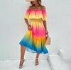 Весна-лето Женское приморское отпускное платье радужного цвета с короткими рукавами, облегающее платье А-силуэта с высокой талией и плечами-лотосами, размер S-XL