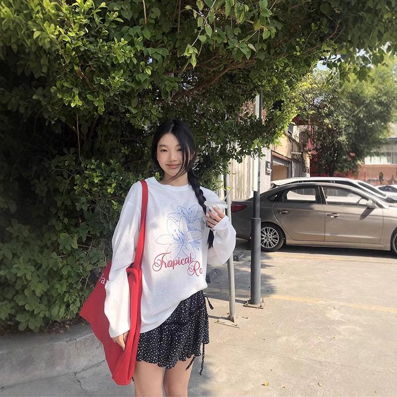 Женская повседневная футболка с длинным рукавом и круглым вырезом с принтом - Приталенная, Защита от солнца, Свободный крой, Белая летняя накидка.