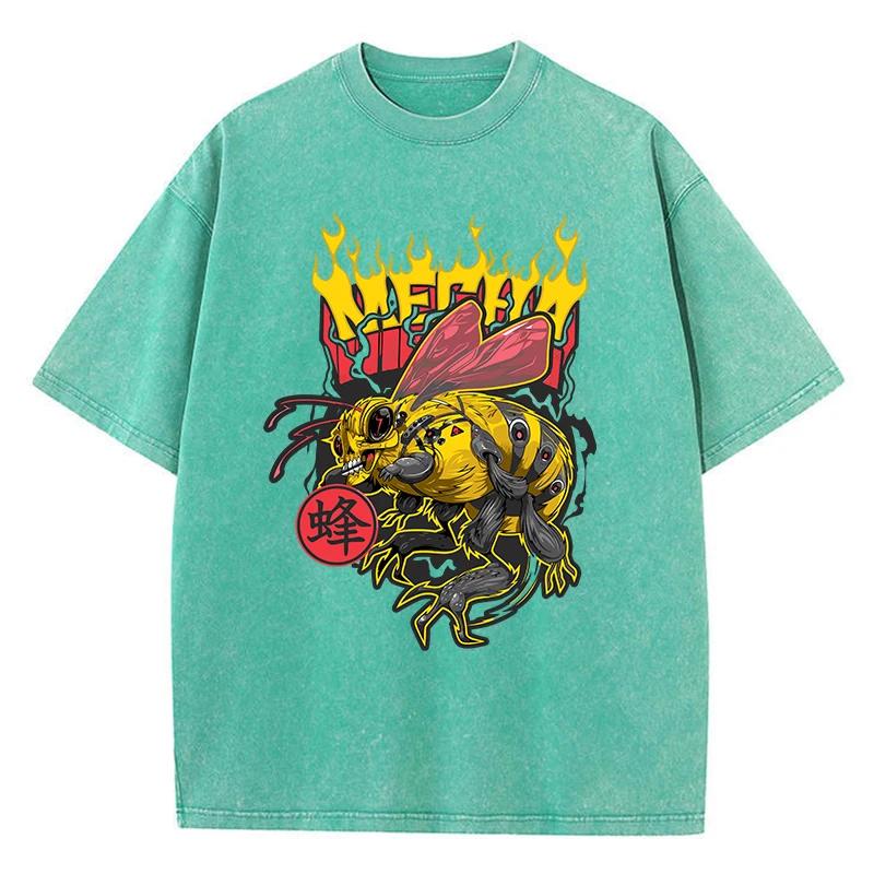 Casual Womans Acid Wash T-Shirts Retro Manga Bees Printing Tops Crewneck Distressed Oversize Cotton Tees Trend Clothes