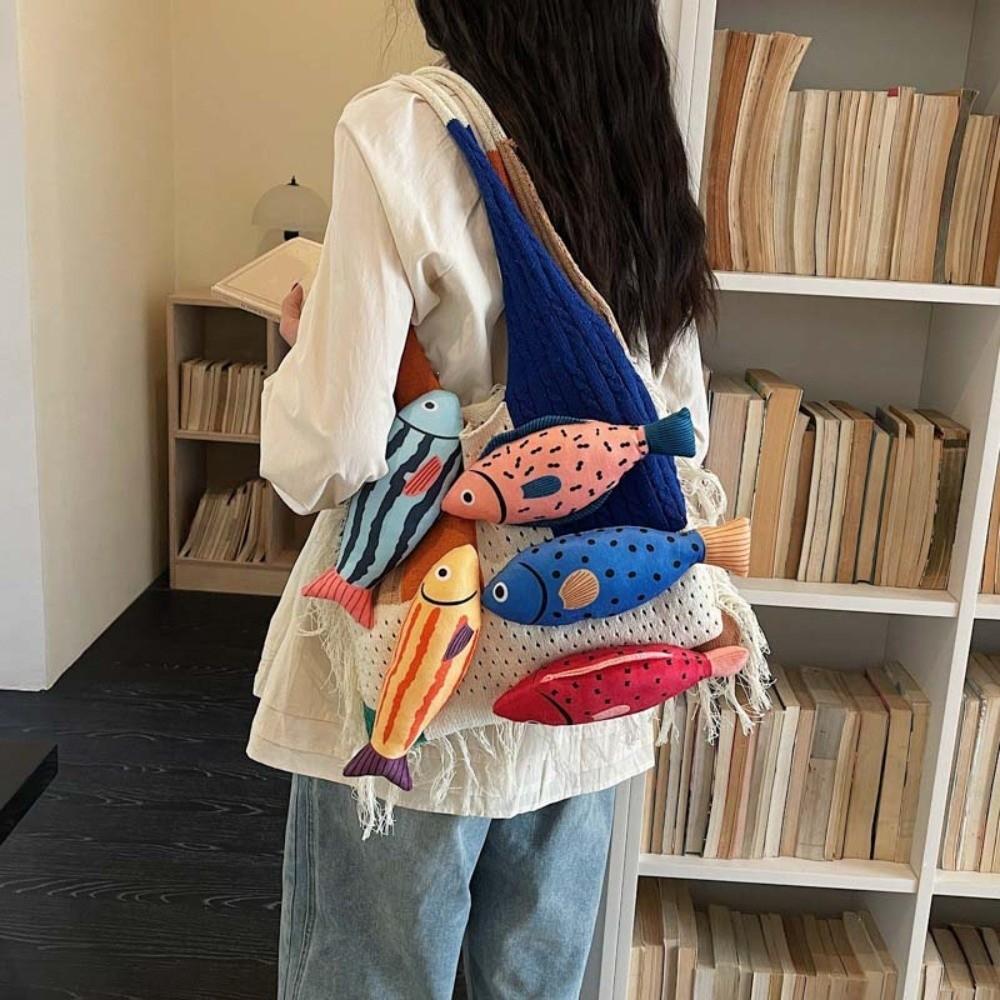 Fish Cotton Crochet Shoulder Bag Large Capacity Tassels Beach Handbag Hollow Out Woven Bag Beach