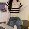 Французский ажурный трикотажный свитер с уникальным стилем, квадратный вырез, полосатая футболка из ледяного шелка для женщин, летняя облегающая короткая модель
