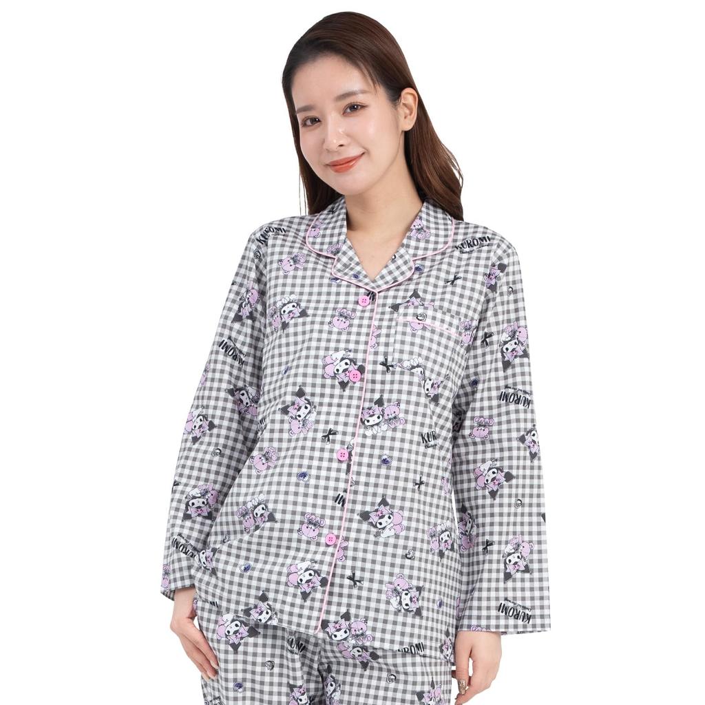 SAZAC Kuromi Gingham Pajama Cotton Long Sleeve and Loungewear Set, 100% Broadcloth, Women's Pants, (Black/M/SAN1782)