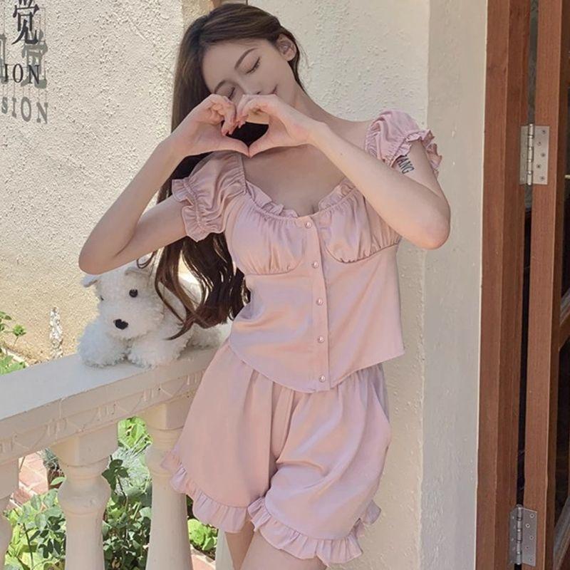 Женские пижамы из ледяного шелка с короткими рукавами, летняя тонкая и милая домашняя одежда