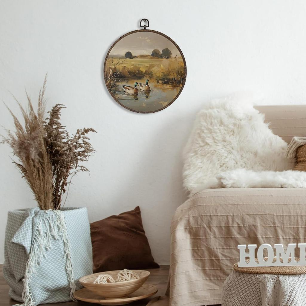 XNXLDYLH Vintage Mallard Duck Nursery Round Framed Wall Art Decor, Rustic Cottagecore Duck Hunting Hanging Wall Bathroom Decor Decorations, Farmhouse