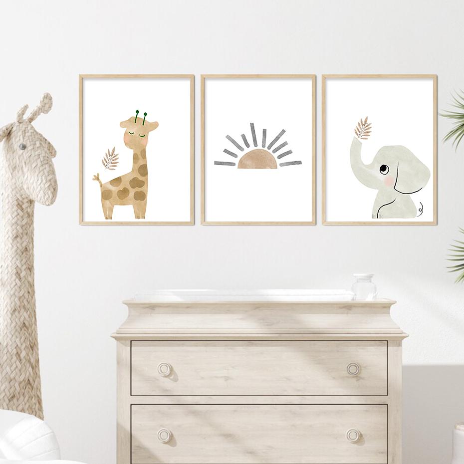 Cartoon Elephant Giraffe Cute Watercolor Poster Canvas Painting Nursery Wall Art Print Picture Kids Boys Girls Room Home Decor