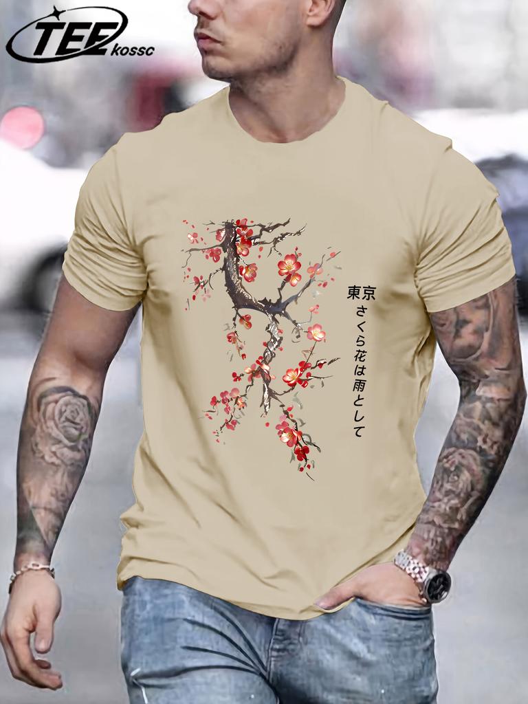 Cherry Blossoms And Rain In Tokyo Mens T Shirts Hip Hop AllMatch Tops Casual Cotton Retro Clothes Male Loose ONeck Streetwear
