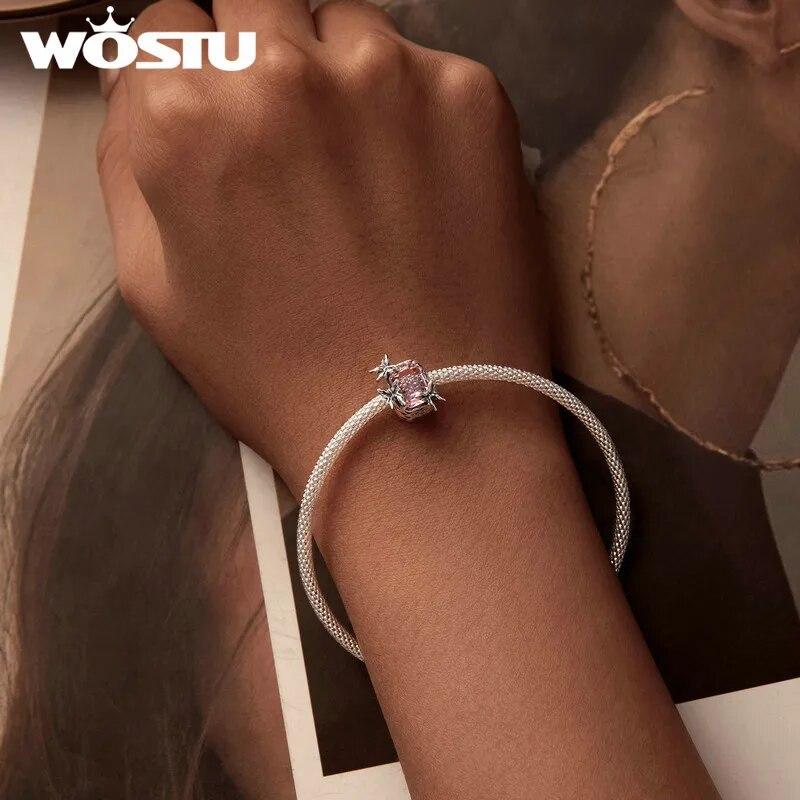 WOSTU 925 Sterling Silver Retro Butterfly Stopper Buckle Square Bible Beads Pink Faith Charms Fit Original Bracelet DIY Gifts