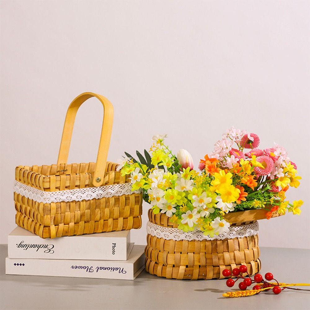 Brown Handheld Woven Flower Basket with Handle Decorative Baskets Gift Storage Basket